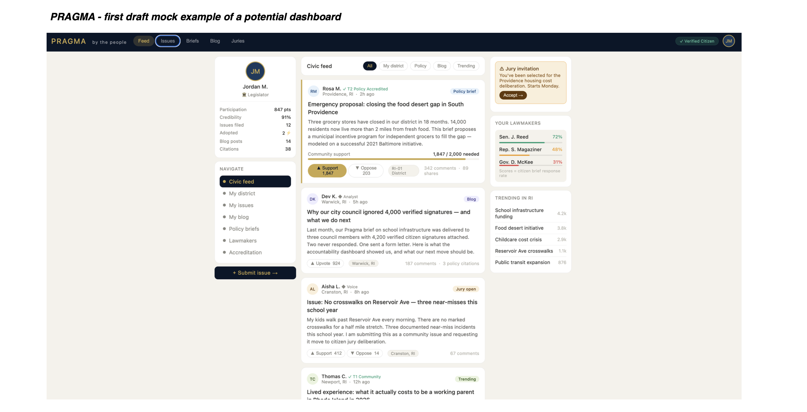 Pragma Mock Dashboard — first draft of the citizen-facing civic feed, showing verified policy briefs, lawmaker accountability scores, and community issue tracking